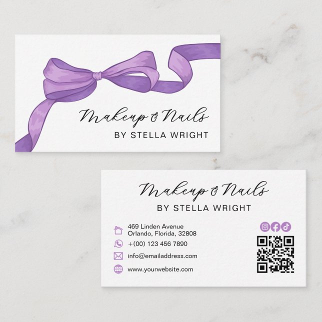 Coquette Purple Bow Beauty QR Code Business Card (Front/Back)