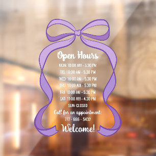 Coquette Purple Bow Small Business Open Hours Window Cling