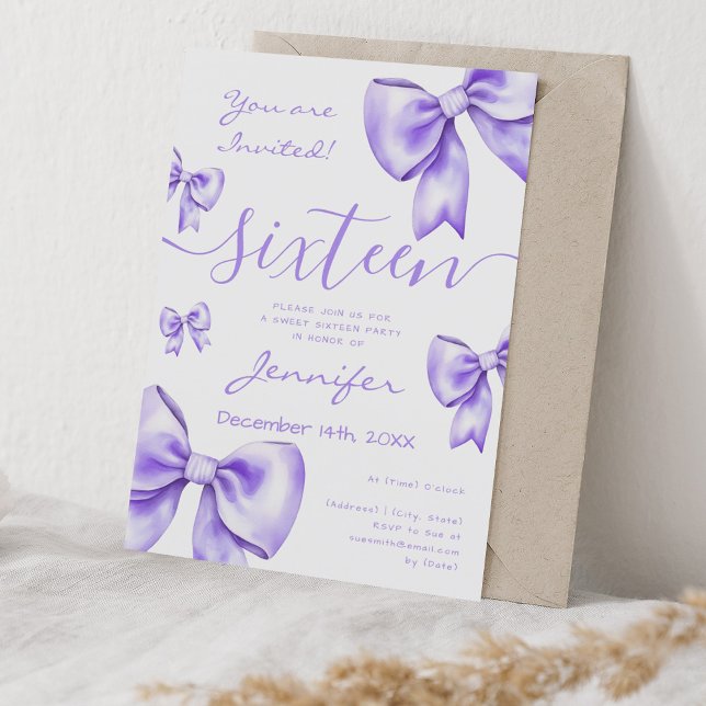 Coquette Purple Bow Sweet 16 Party  Invitation (Coquette Purple Bow Sweet 16 Party Invitation)