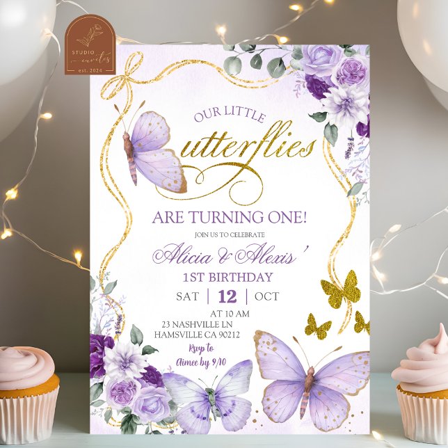 Coquette Purple Butterfly Twins Birthday Invitation (Creator Uploaded)