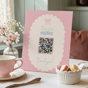 Coquette QR Code Menu Pink Bow Pastel Cafe Display Pedestal Sign