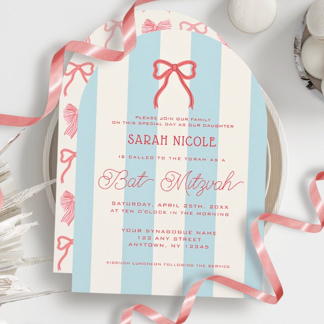 Coquette Red Bow & Blue Stripes Bat Mitzvah Invitation (Creator Uploaded)