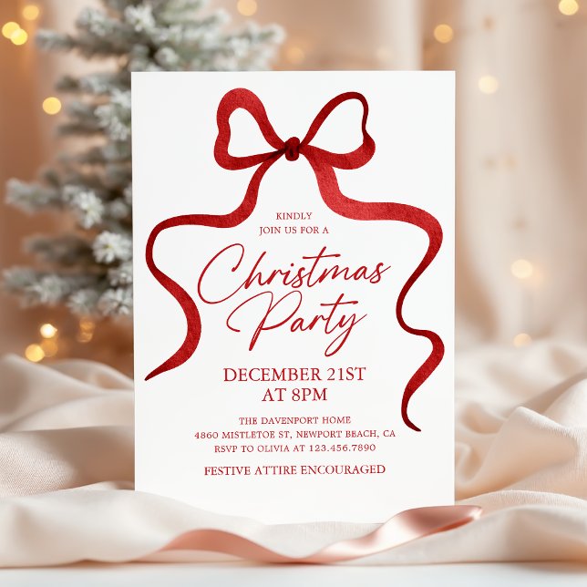 Coquette Red Bow Classic Holiday Christmas Party Invitation (Creator Uploaded)