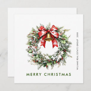 Coquette Red Bow Holly Christmas Wreath Corporate Holiday Card