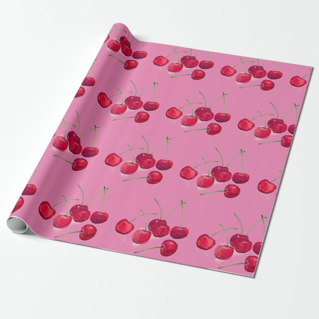 Coquette red Cherries fruit Food Pattern pink Wrapping Paper (Unrolled)