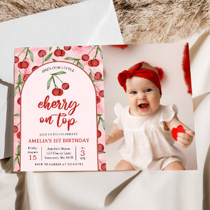 Coquette Red Cherry 1st Birthday Party Photo Invitation
