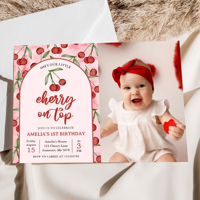 Coquette Red Cherry 1st Birthday Party Photo Invitation (Creator Uploaded)