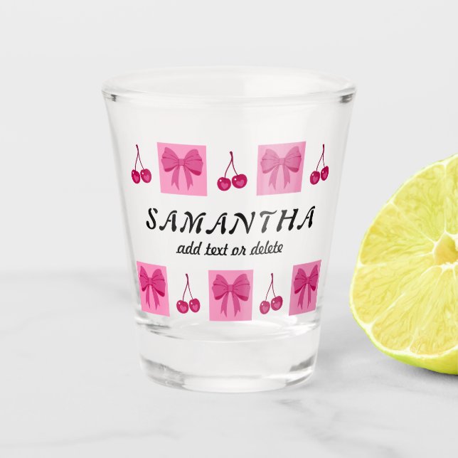 Coquette Red Cherry Bow Bachelorette 21 Birthday Shot Glass (Front)