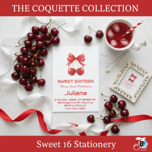 Coquette Red Cherry Bow Berry Sweet 16 Birthday Invitation