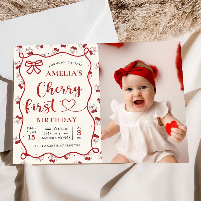 Coquette Red Cherry First Birthday Photo Invitation (Creator Uploaded)