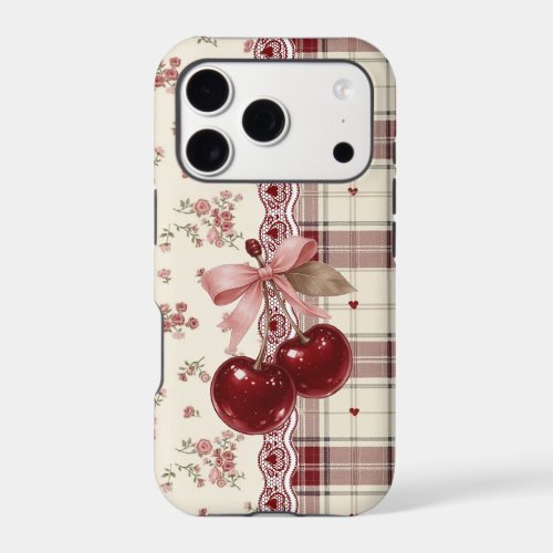 Coquette Red Cherry Plaid Lace Ribbon Bow Aestheti iPhone 17 Pro Case