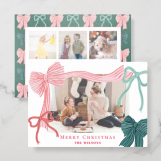 Coquette Red & Green Bows 4 Photo Christmas Letterpress Photo Cards