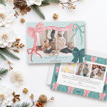 Coquette Red & Green Bows 4 Photo Green Christmas Holiday Card<br><div class="desc">Celebrate the season in style with this charming, coquette-inspired Christmas photo card, featuring hand-drawn bows, soft colors, and a romantic, ribbon-filled design. The front features your favorite picture framed by four hand-drawn bows—one bold pink ribbon with red stripes, one green ribbon with navy stripes, plus two smaller accents in classic...</div>