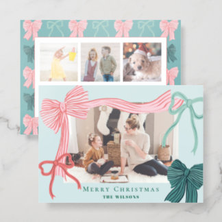 Coquette Red & Green Bows 4 Photo Green Christmas Letterpress Photo Cards