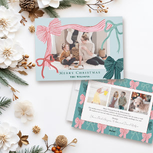 Coquette Red & Green Bows 4 Photo Green Christmas Letterpress Photo Cards