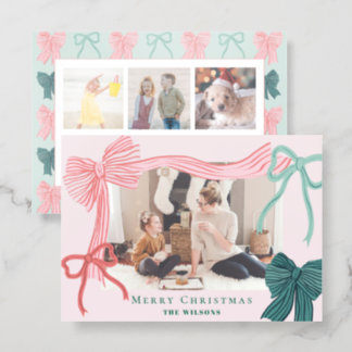 Coquette Red & Green Bows 4 Photo Pink Christmas Letterpress Photo Cards