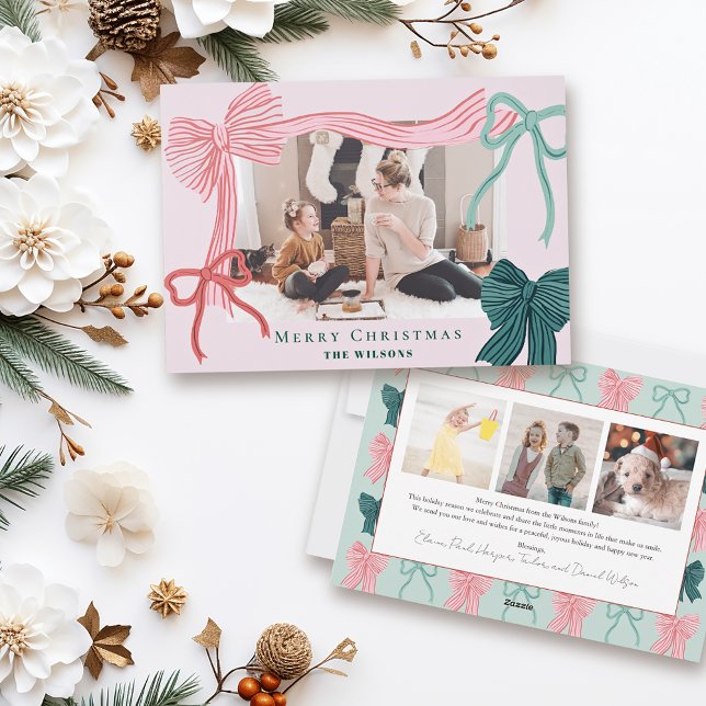 Coquette Red & Green Bows 4 Photo Pink Christmas Letterpress Photo Cards (Creator Uploaded)