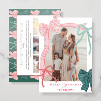 Coquette Red & Green Bows 4 Photos Christmas Letterpress Photo Cards