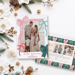 Coquette Red & Green Bows 4 Photos Christmas Letterpress Photo Cards<br><div class="desc">Celebrate the season in style with this charming, coquette-inspired Christmas photo letterpress card, featuring hand-drawn bows, soft colors, and a romantic, ribbon-filled design. The front features your favorite picture framed by four hand-drawn bows—one bold pink ribbon with red stripes, one green ribbon with navy stripes, plus two smaller accents in...</div>