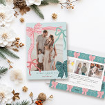 Coquette Red & Green Bows 4 Photos Green Christmas Holiday Card<br><div class="desc">Celebrate the season in style with this charming, coquette-inspired Christmas photo card, featuring hand-drawn bows, soft colors, and a romantic, ribbon-filled design. The front features your favorite picture framed by four hand-drawn bows—one bold pink ribbon with red stripes, one green ribbon with navy stripes, plus two smaller accents in classic...</div>