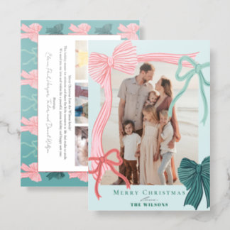 Coquette Red & Green Bows 4 Photos Green Christmas Letterpress Photo Cards