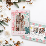 Coquette Red & Green Bows 4 Photos Pink Christmas Holiday Card<br><div class="desc">Celebrate the season in style with this charming, coquette-inspired Christmas photo card, featuring hand-drawn bows, soft colors, and a romantic, ribbon-filled design. The front features your favorite picture framed by four hand-drawn bows—one bold pink ribbon with red stripes, one green ribbon with navy stripes, plus two smaller accents in classic...</div>