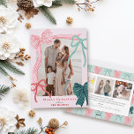 Coquette Red & Green Bows 4 Photos Pink Christmas Letterpress Photo Cards<br><div class="desc">Celebrate the season in style with this charming, coquette-inspired Christmas photo letterpress card, featuring hand-drawn bows, soft colors, and a romantic, ribbon-filled design. The front features your favorite picture framed by four hand-drawn bows—one bold pink ribbon with red stripes, one green ribbon with navy stripes, plus two smaller accents in...</div>
