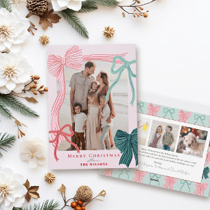 Coquette Red & Green Bows 4 Photos Pink Christmas Letterpress Photo Cards