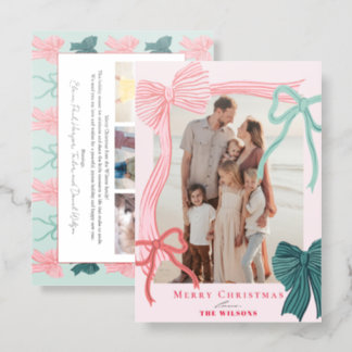 Coquette Red & Green Bows 4 Photos Pink Christmas Letterpress Photo Cards