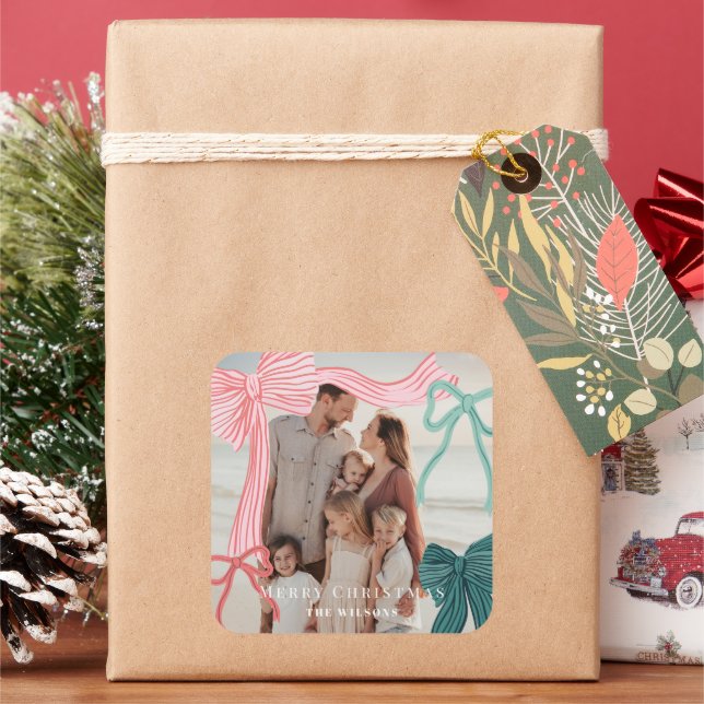 Coquette Red Green Bows Photo Christmas Holiday Square Sticker (Holiday)