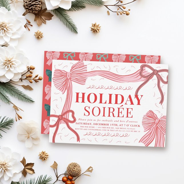 Coquette Red & Pink Bows Christmas Holiday Soirée Invitation (Creator Uploaded)