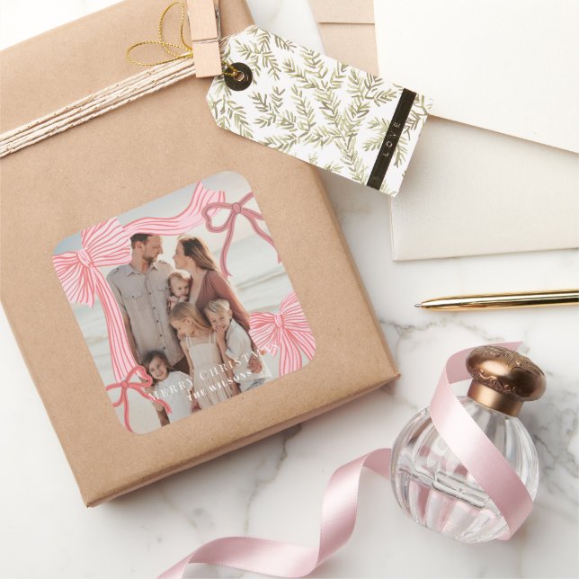 Coquette Red & Pink Bows Photo Christmas Holiday Square Sticker (Gifting)