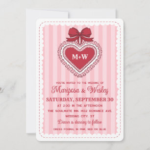 Coquette Red Pink Ruffled Heart Stripes Wedding Invitation