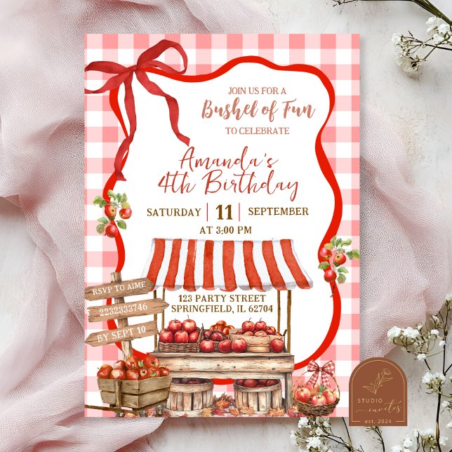 Coquette Red Plaid Bow Apple Orchard Birthday Invitation (Creator Uploaded)