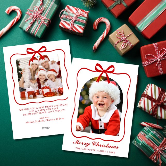 Coquette Red Ribbon Photo Arch Merry Christmas  Holiday Card (Coquette Ribbon Photo Arch Merry Christmas Holiday Card)