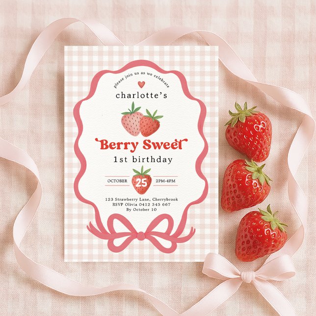 Coquette Red Strawberry Berry First 1st Birthday Invitation (Creator Uploaded)
