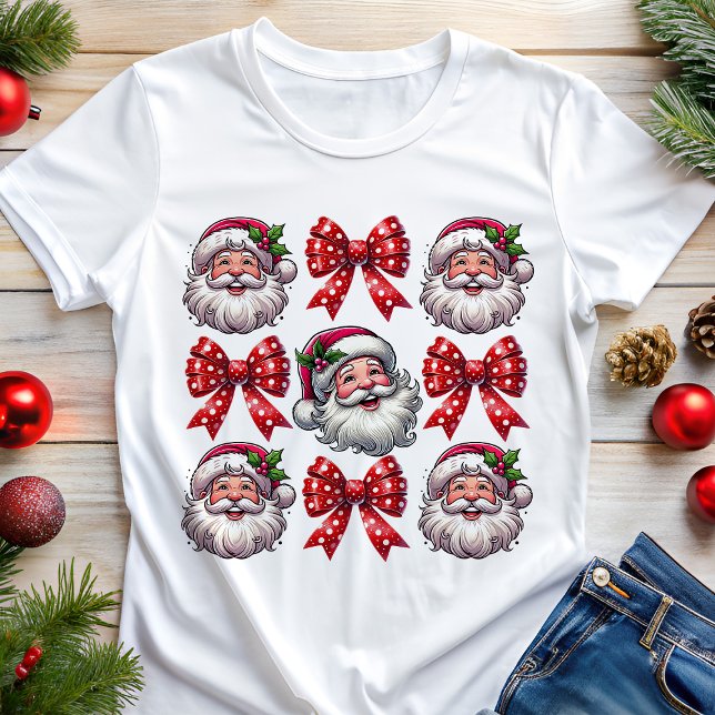 Coquette Retro Santa Faces and Red Bows Christmas Tri-Blend Shirt (Creator Uploaded)