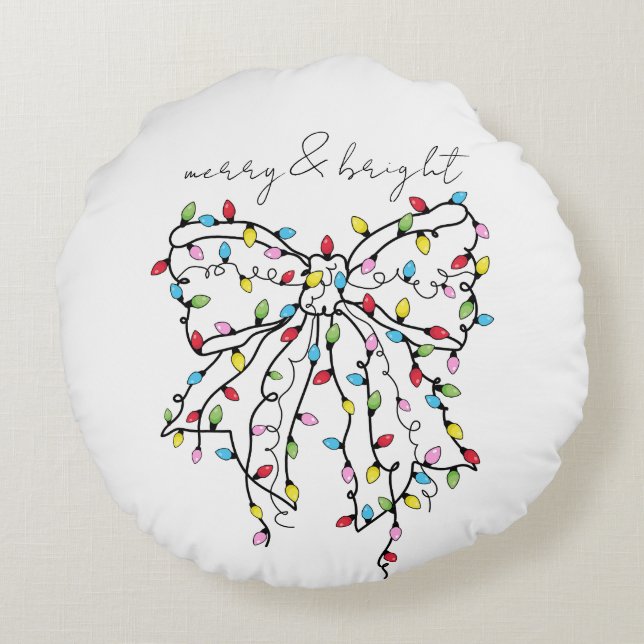Coquette Ribbon Christmas Lights Merry & Bright Round Pillow (Back)