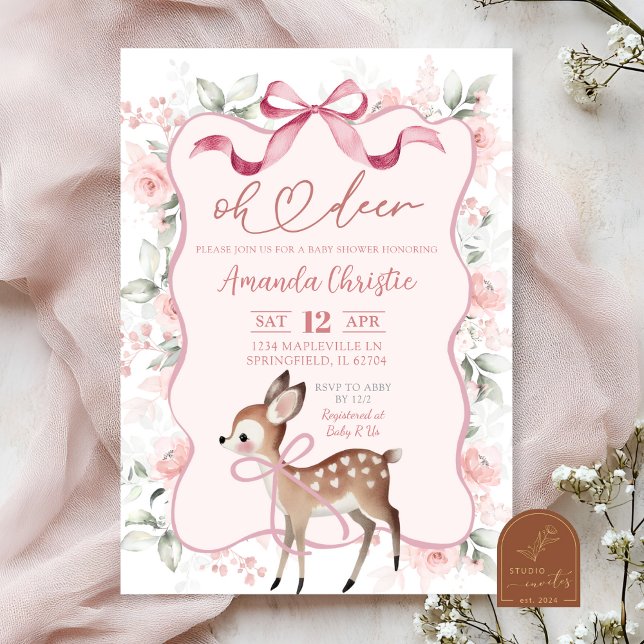 Coquette Ribbon Floral Oh Deer Baby Shower Invitation (Creator Uploaded)