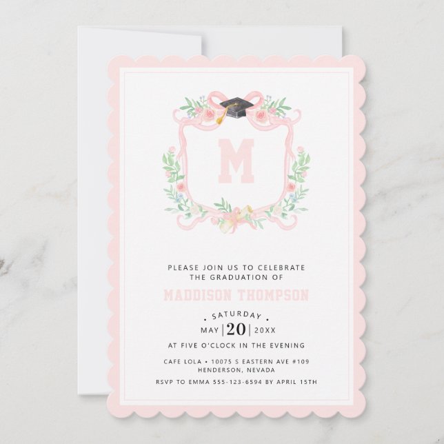  Coquette Ribbon Graduation Monogram Crest Invitation (Front)