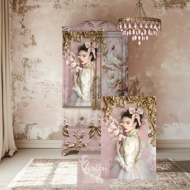 Coquette Romantic Baroque Portrait Bird Floral Tissue Paper (Coquette Romantic Portrait, Rose Pink & Gold, Baroque, Bird & Blossoms Decoupage Tissue Paper.)