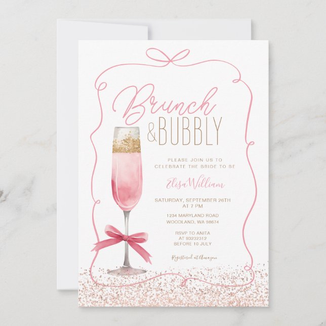 Coquette Rose Gold Brunch & Bubbly Bridal Shower Invitation (Front)