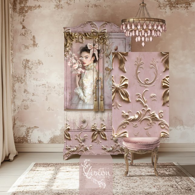 Coquette Rose Pink Gold Gilded Repeat Pattern Tile Tissue Paper (Coquette Aesthetics, Baroque Rose Pink and Gilded Gold Bow  Repeat Pattern Tile Decoupage Tissue)