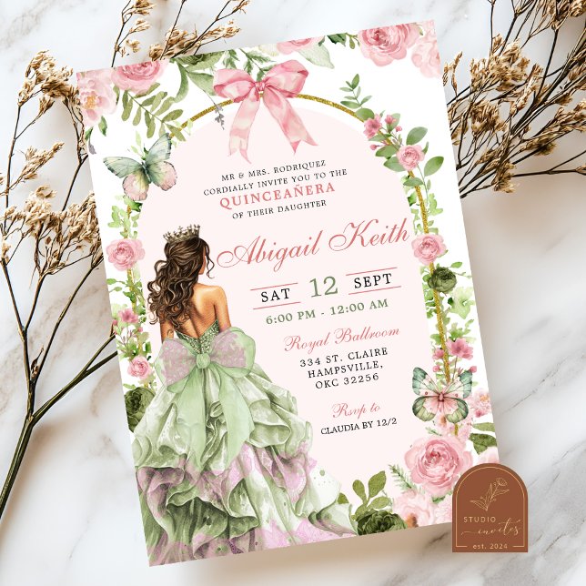 Coquette Royal Garden Sage Blush Pink Quinceanera Invitation (Creator Uploaded)