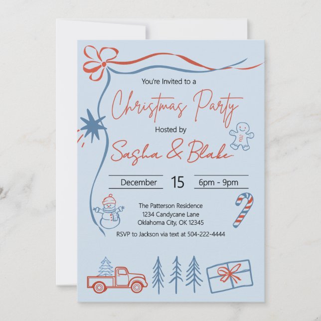 Coquette Rustic Red & Blue Christmas Party  Invitation (Front)