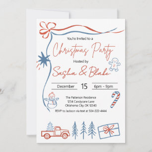 Coquette Rustic Red & Blue Christmas Party Invitation