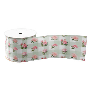 Coquette Sage Gingham & Pink Roses Grosgrain Ribbon