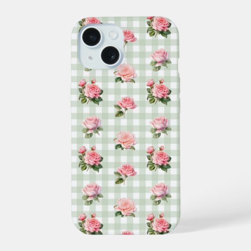 Coquette Sage Gingham  Pink Roses Throw Pillow iPhone 15 Case