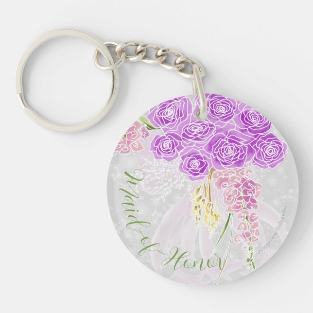 Coquette sheer bow Bouquet Maid-of-Honor button Keychain (Front)
