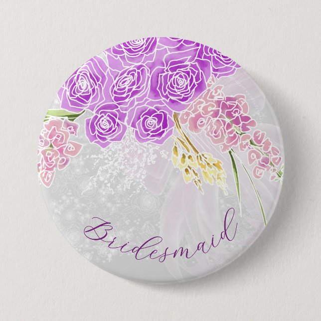 Coquette Sheer Pink Bow and Bouquet-Bridesmaid Button (Front)